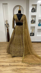 Wedding Special Golden Kasturi Silk Lehenga with Heavy Flair and Fancy Tass blouse and dupatta detail