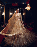 Wedding Special Golden Kasturi Silk Lehenga with Heavy Flair and Fancy Tass full drape view