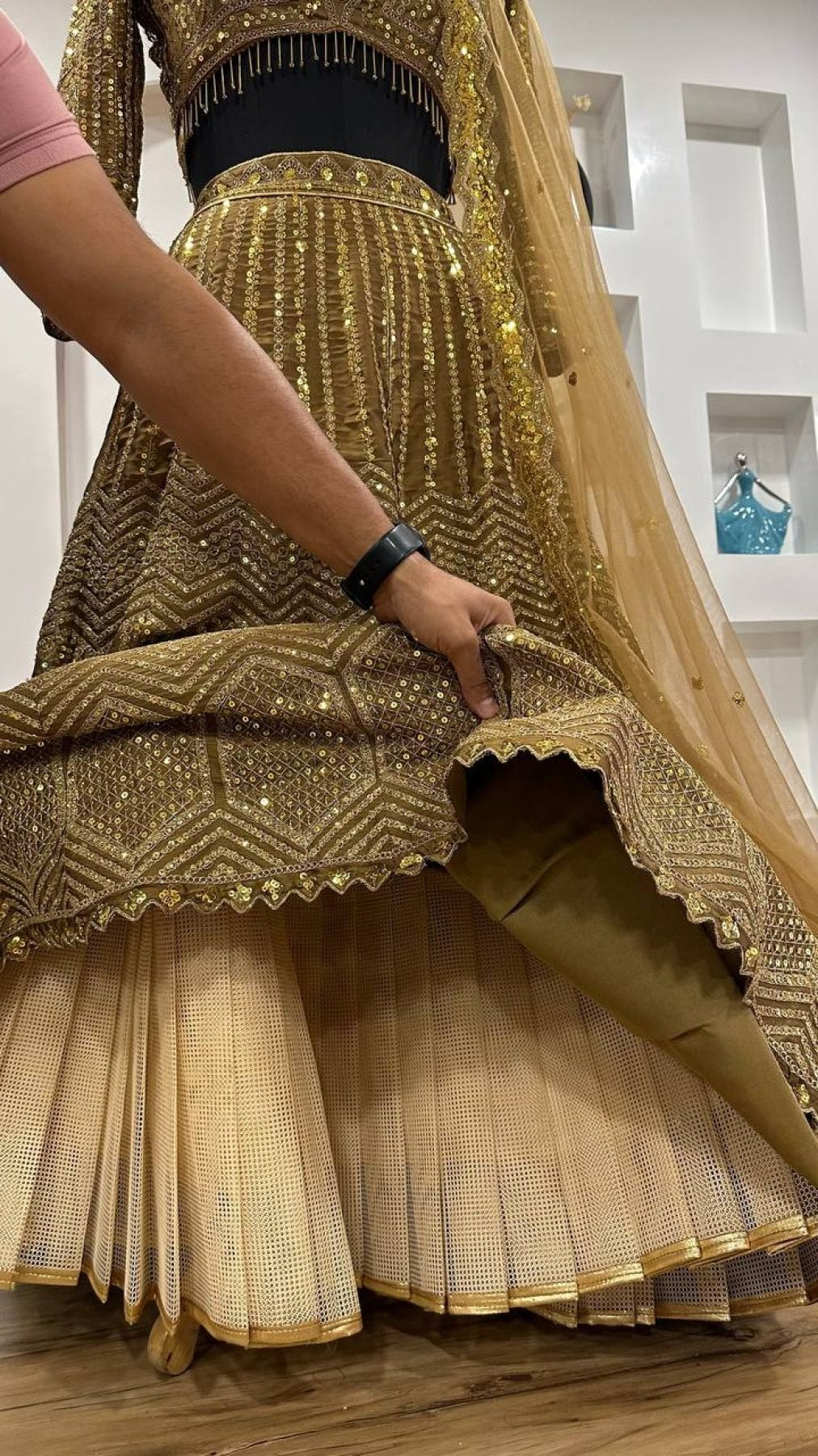 Wedding Special Golden Kasturi Silk Lehenga with Heavy Flair and Fancy Tass back view