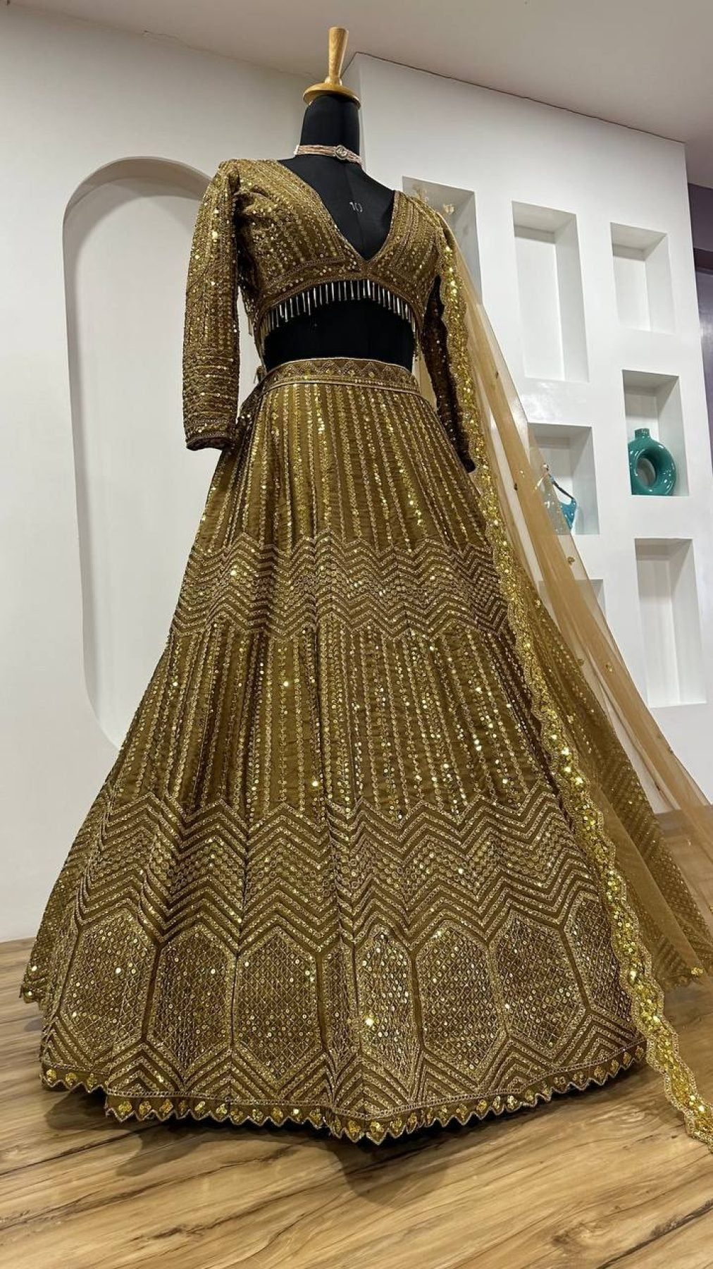 Wedding Special Golden Kasturi Silk Lehenga with Heavy Flair and Fancy Tass styling view