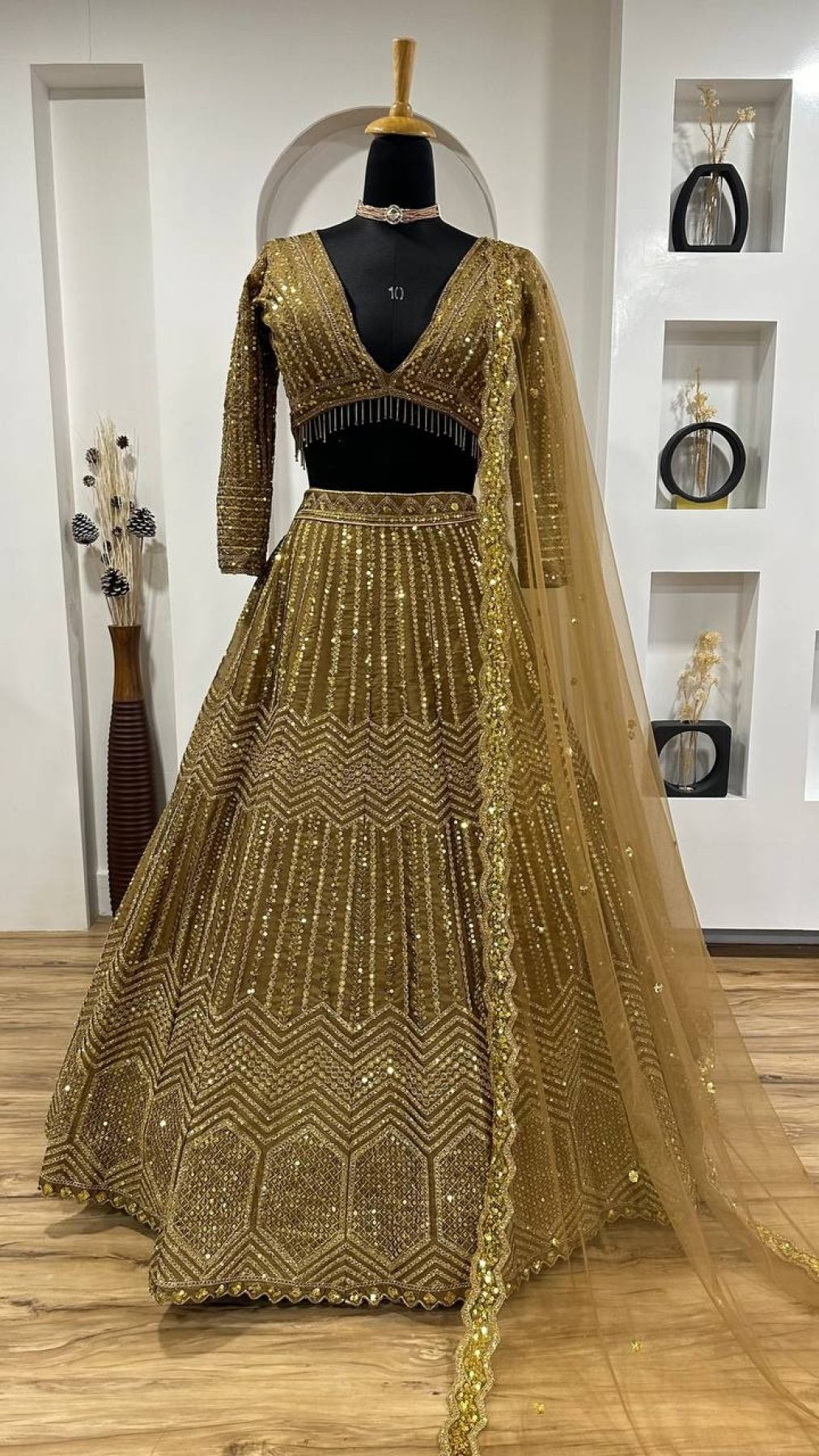 Wedding Special Golden Kasturi Silk Lehenga with Heavy Flair and Fancy Tass front view