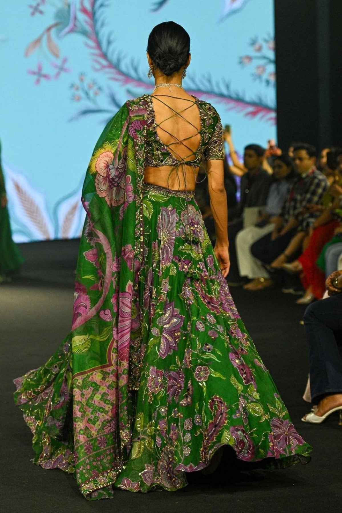 Green Wedding Special Grand Flair Lehenga with Heavy CanCan for Festive Wear fabric texture detail