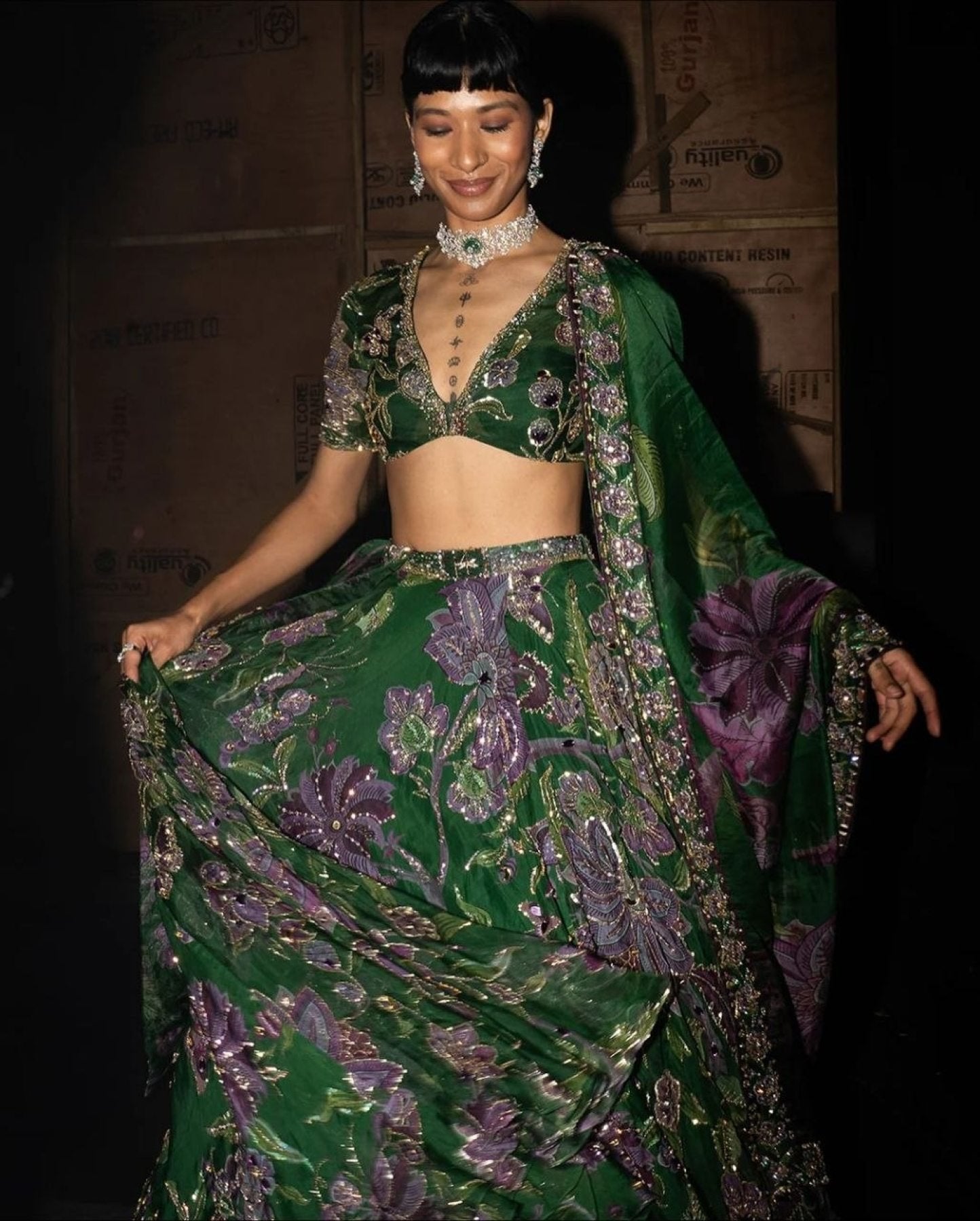 Green Wedding Special Grand Flair Lehenga with Heavy CanCan for Festive Wear embroidery close-up