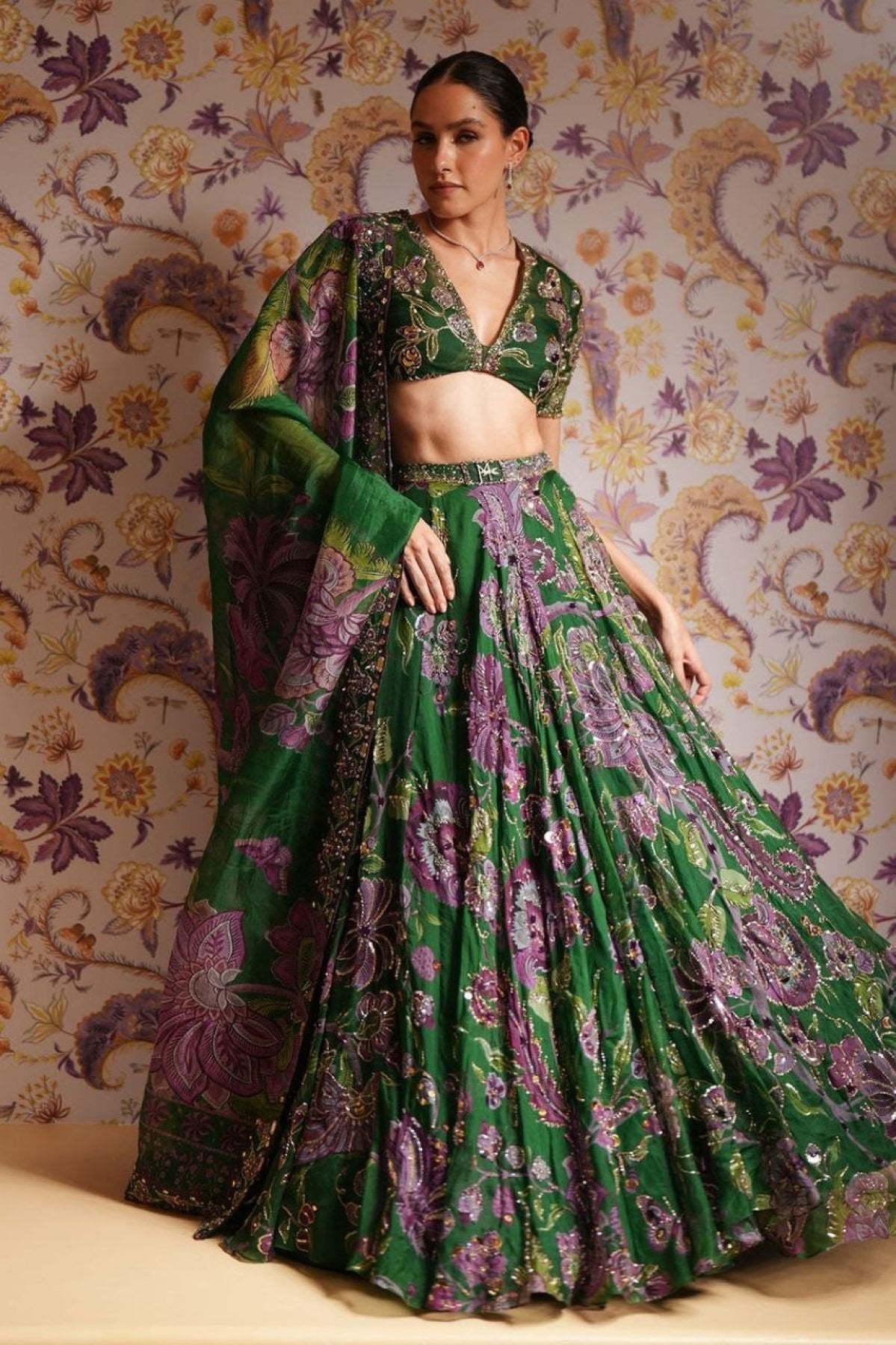 Green Wedding Special Grand Flair Lehenga with Heavy CanCan for Festive Wear blouse and dupatta detail