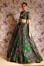 Green Wedding Special Grand Flair Lehenga with Heavy CanCan for Festive Wear embroidery close-up