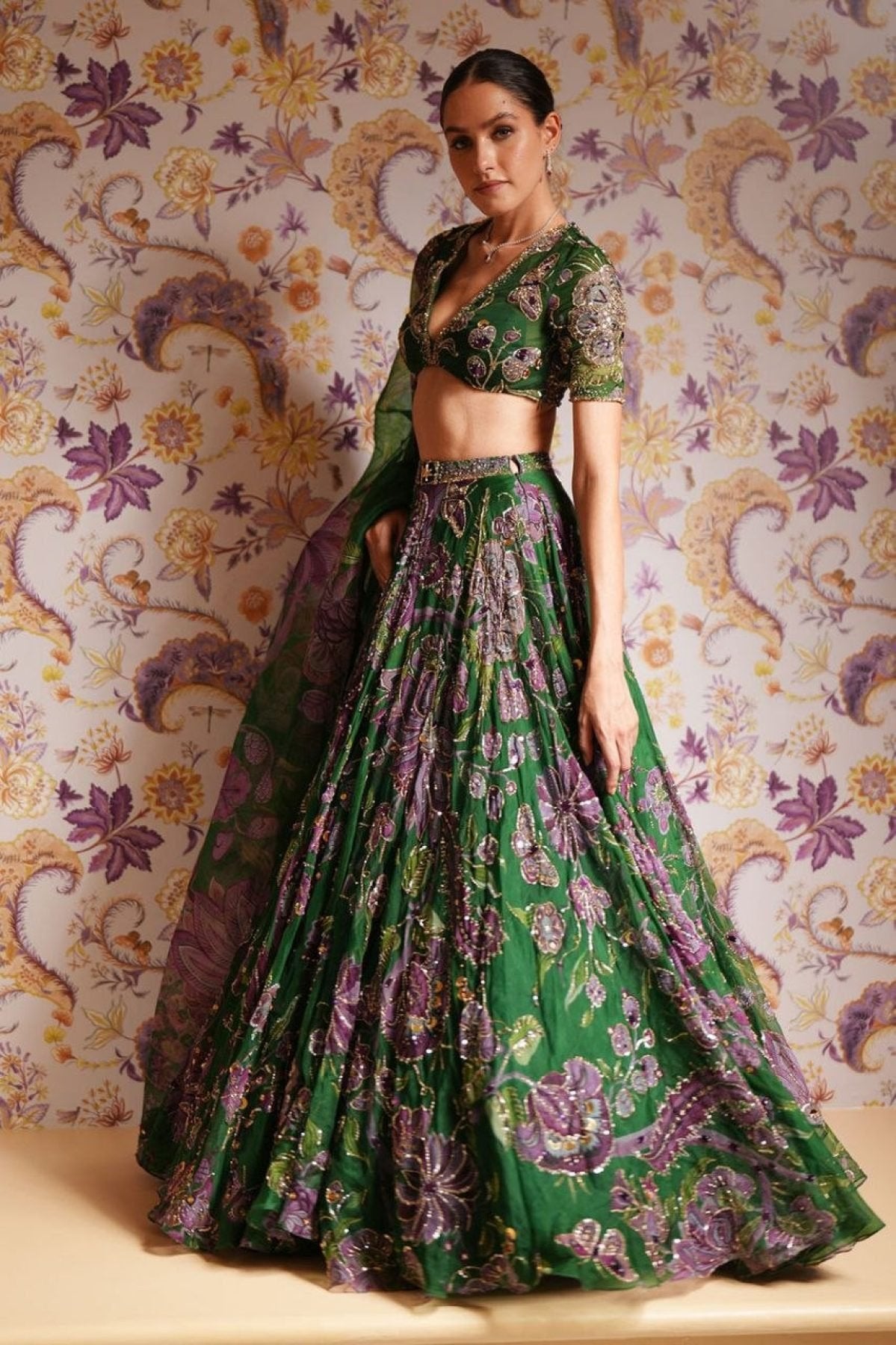 Green Wedding Special Grand Flair Lehenga with Heavy CanCan for Festive Wear embroidery close-up