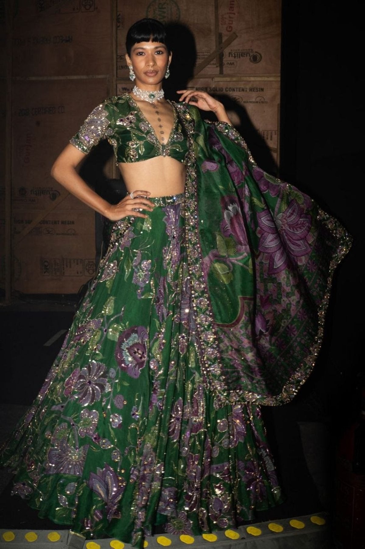 Green Wedding Special Grand Flair Lehenga with Heavy CanCan for Festive Wear fabric texture detail