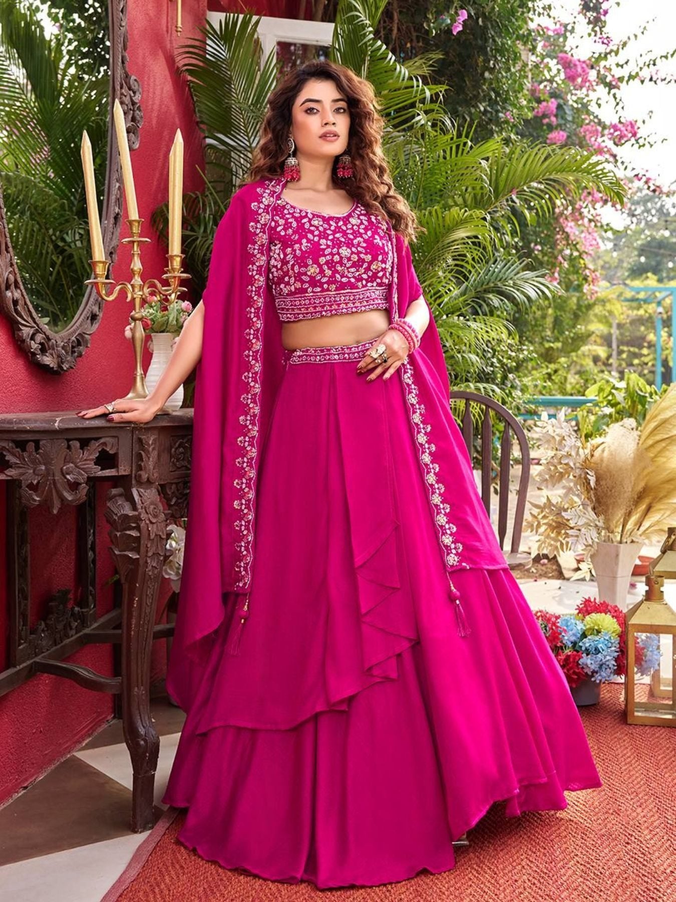 Pink Wedding Special Vichitra Lehenga with Shrug Dupatta and Heavy Work for women | Snyvia