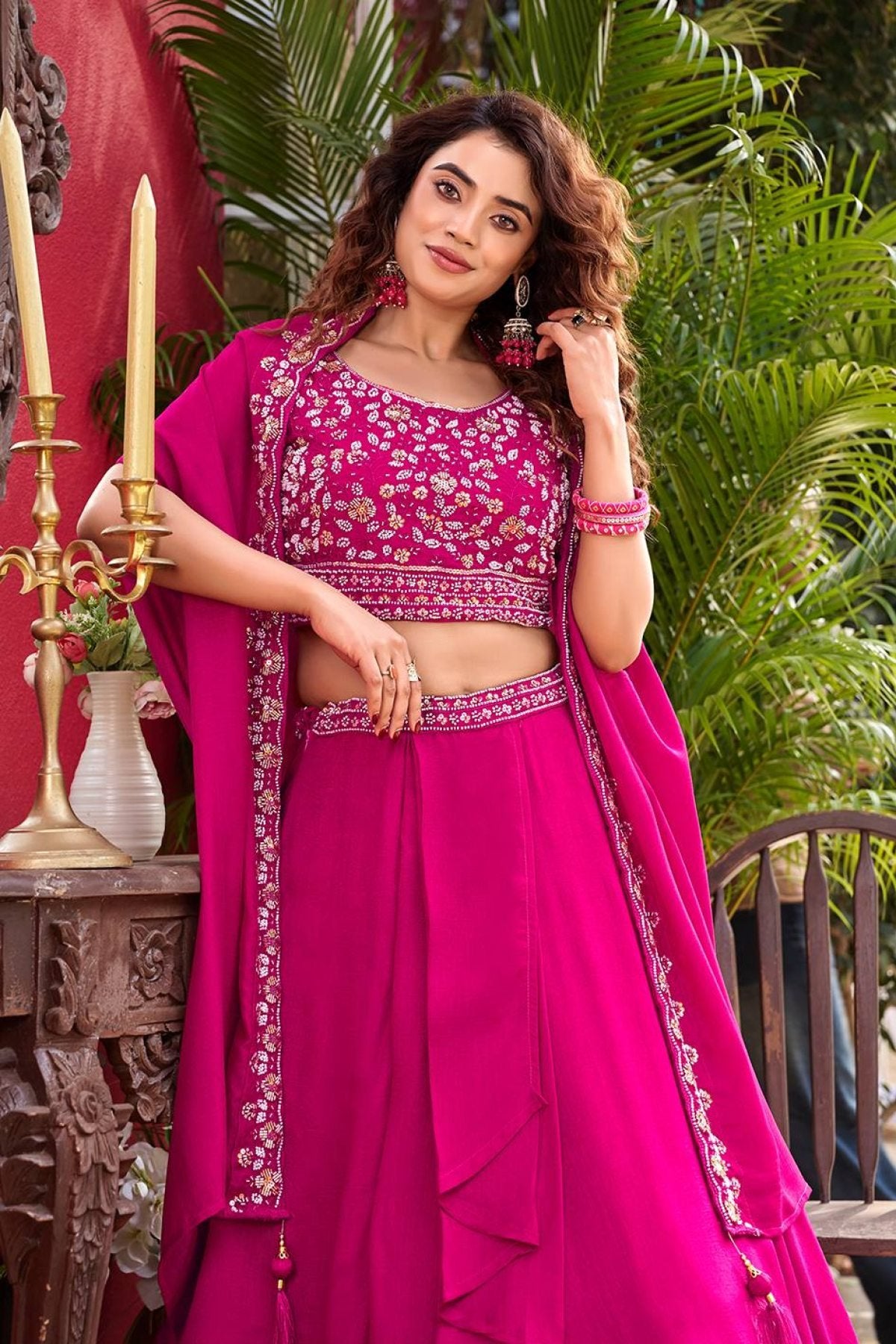 Wedding Special Vichitra Lehenga with Shrug Dupatta and Heavy Work front view