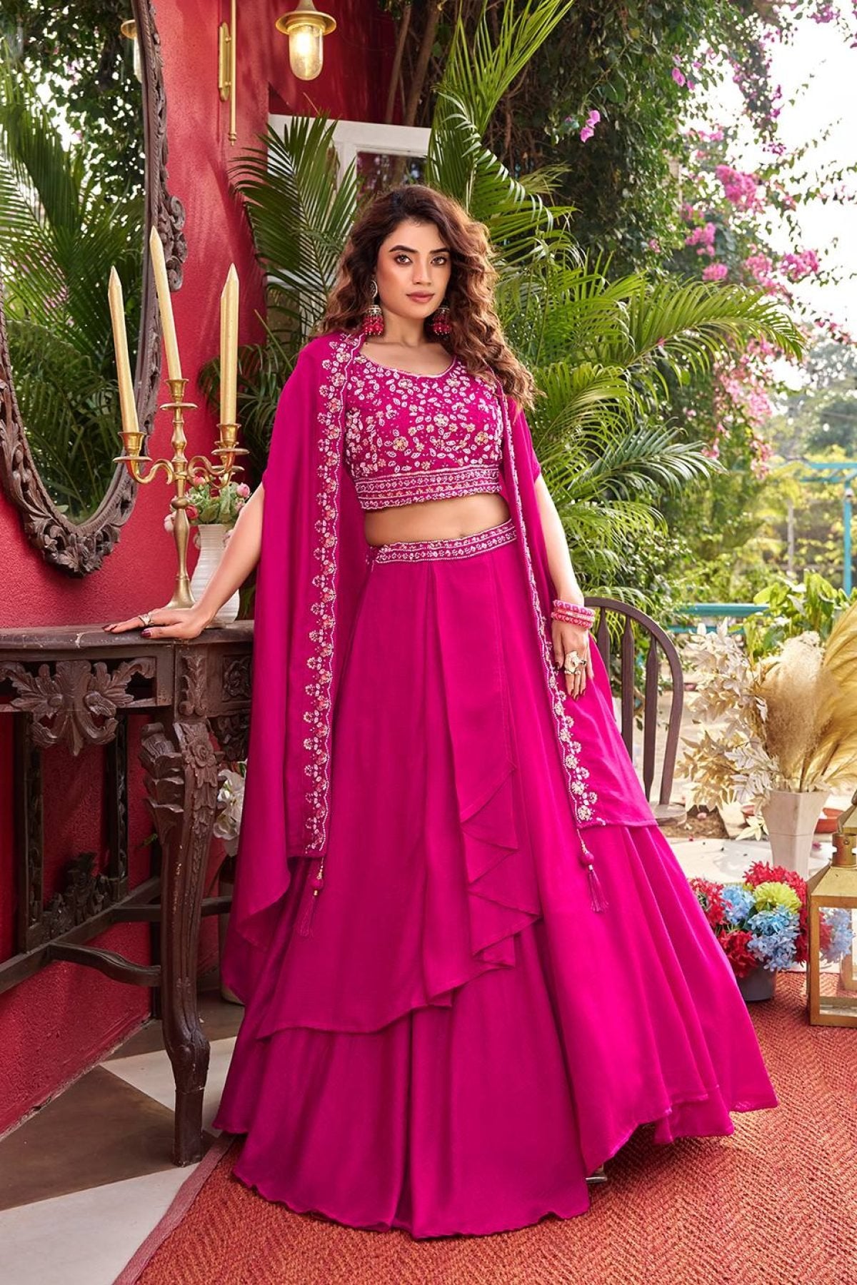 Wedding Special Vichitra Lehenga with Shrug Dupatta and Heavy Work full drape view