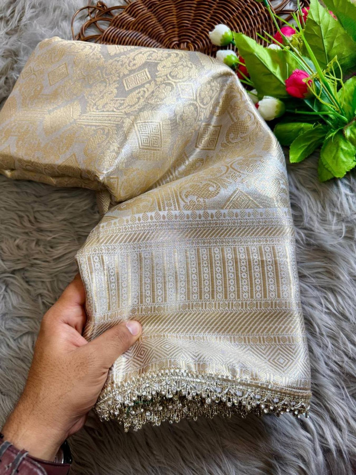 White Banarasi Saree - fabric texture close-up