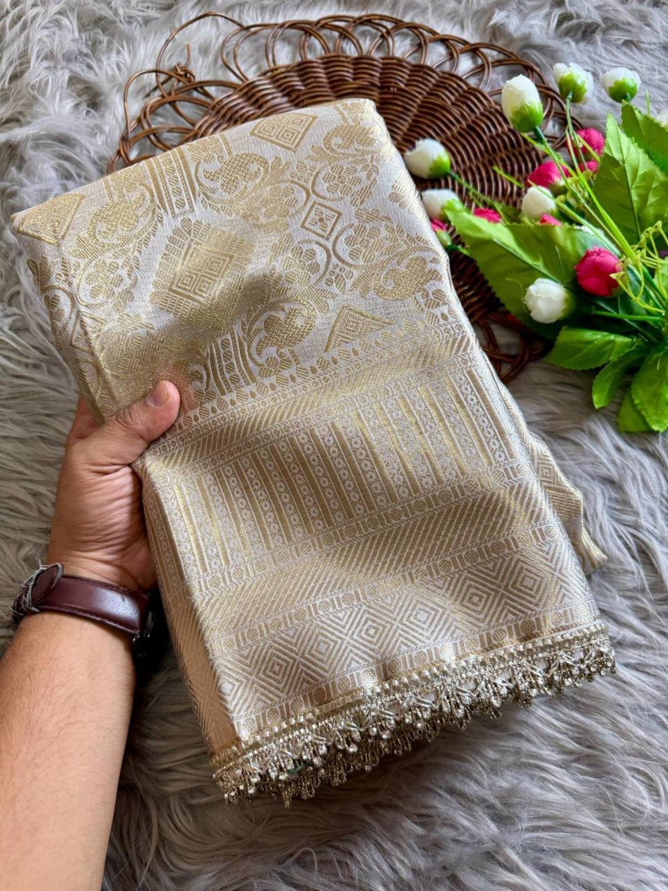 White Banarasi Saree - full-length drape