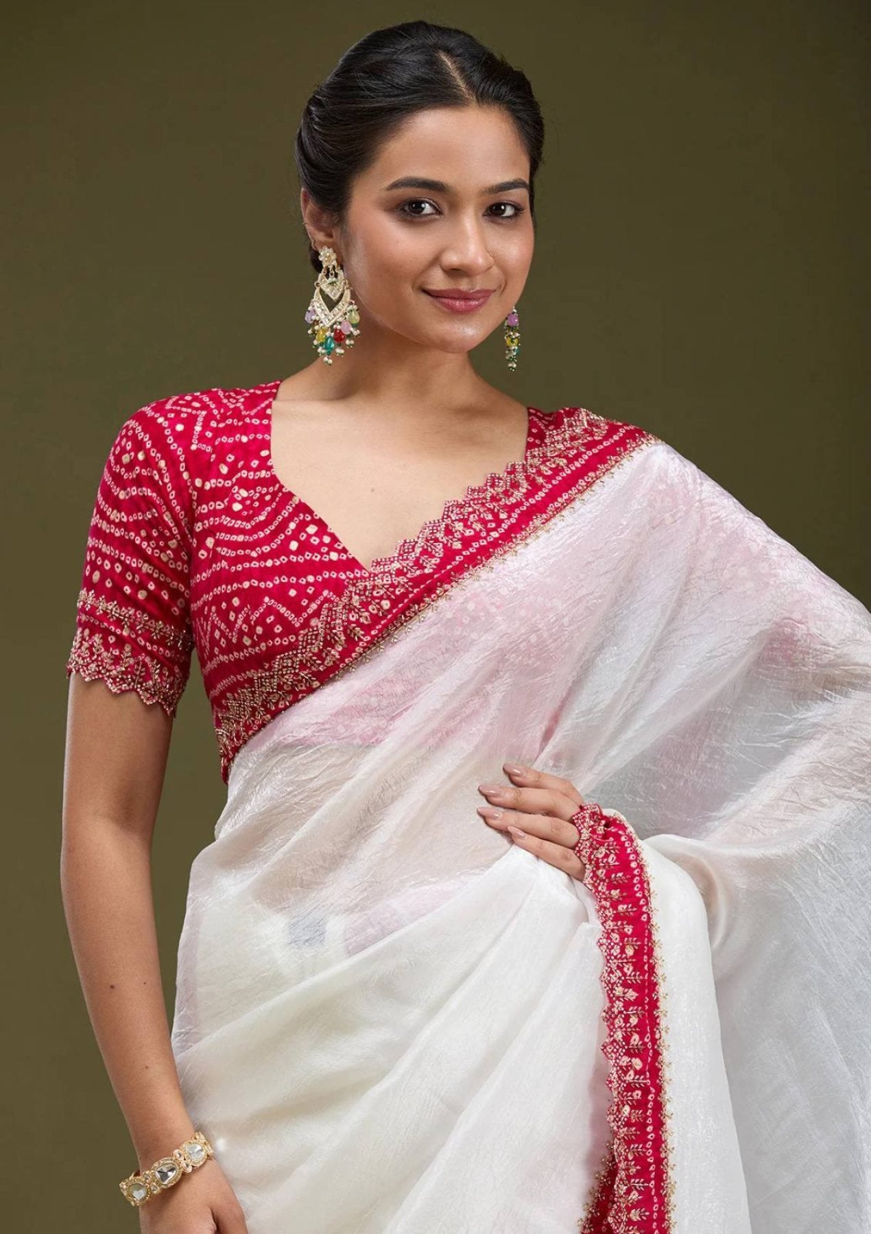 Gold Tissue Saree - Bandhani embroidery work detail