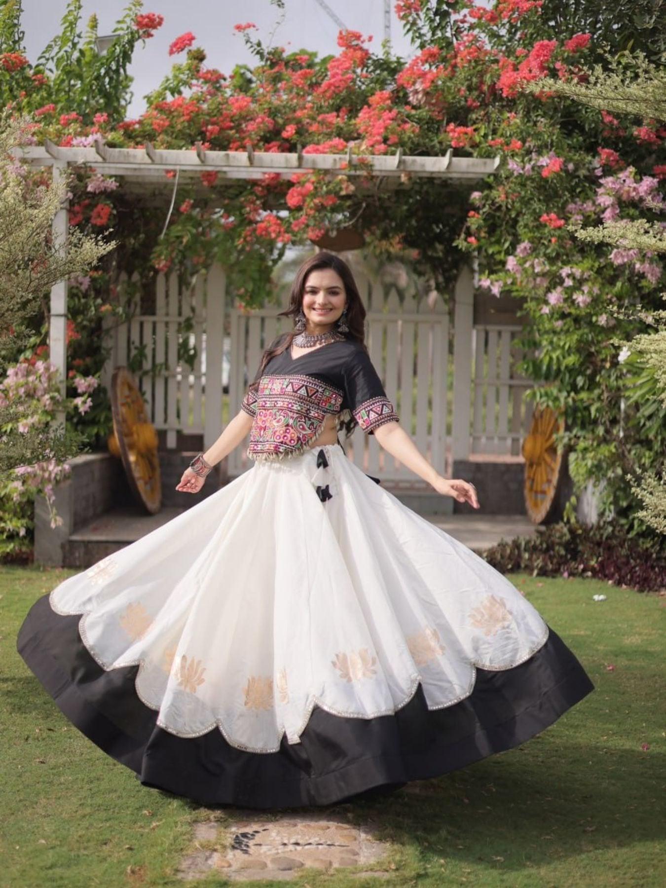 Roman Fabric Navratri Lehenga Choli with Kutchi Gamthi Embroidery Work detailed view