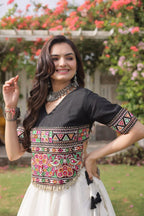 Roman Fabric Navratri Lehenga Choli with Kutchi Gamthi Embroidery Work styling view