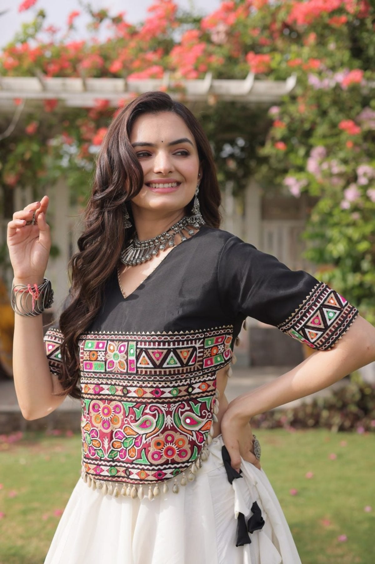 Roman Fabric Navratri Lehenga Choli with Kutchi Gamthi Embroidery Work styling view