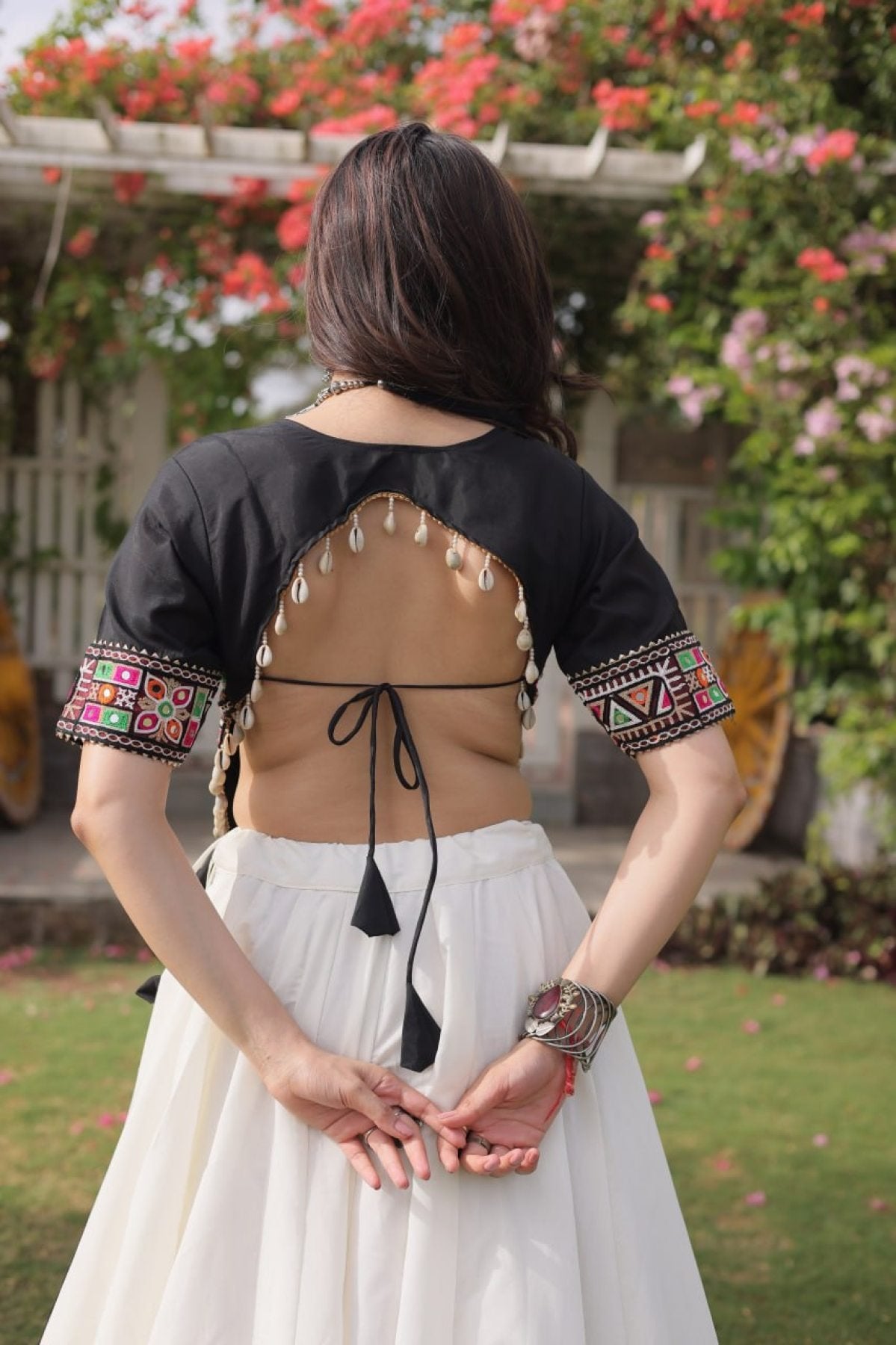 Roman Fabric Navratri Lehenga Choli with Kutchi Gamthi Embroidery Work colour variant view
