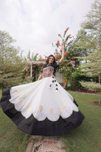 Roman Fabric Navratri Lehenga Choli with Kutchi Gamthi Embroidery Work full drape view