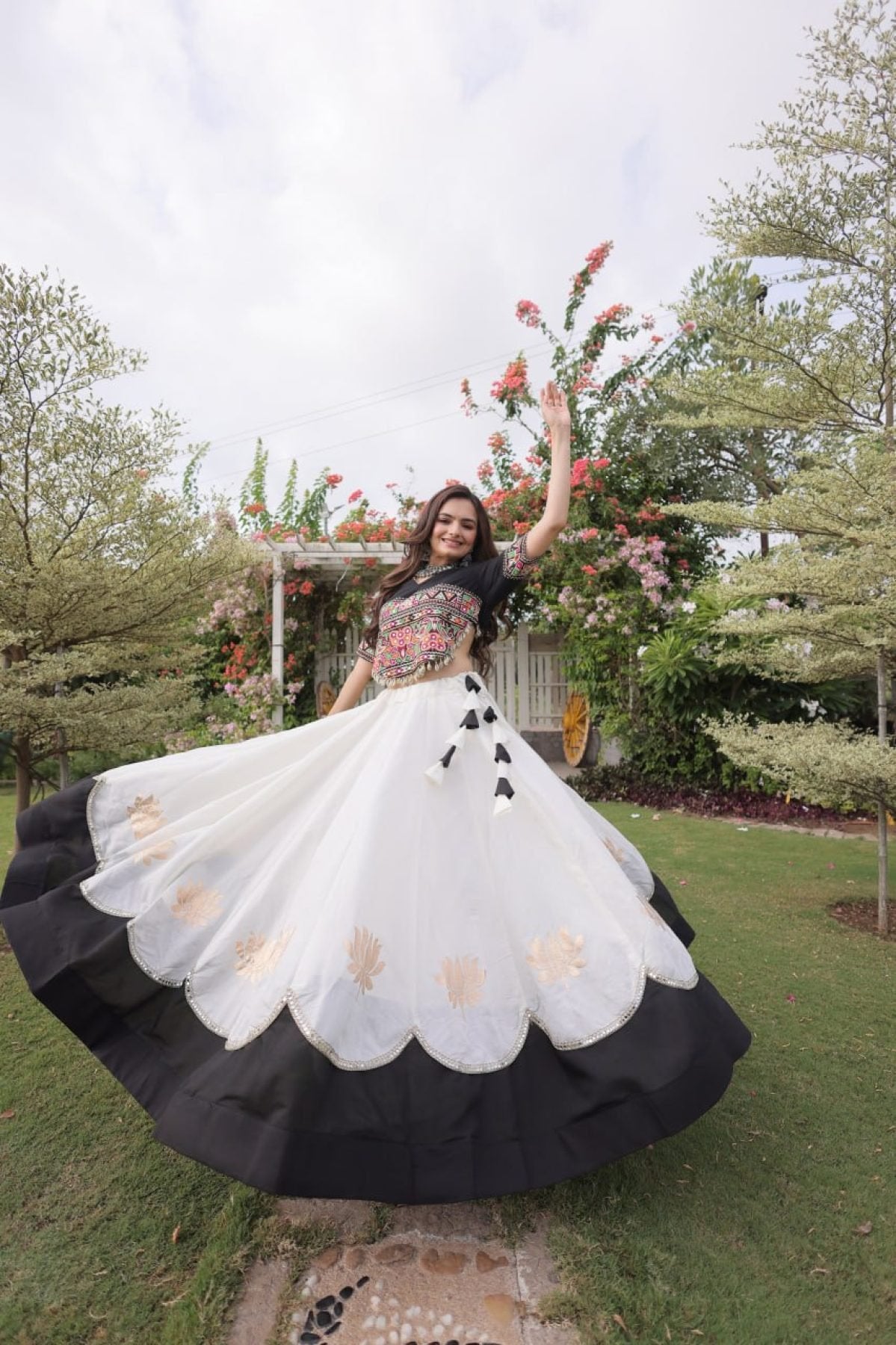 Roman Fabric Navratri Lehenga Choli with Kutchi Gamthi Embroidery Work full drape view