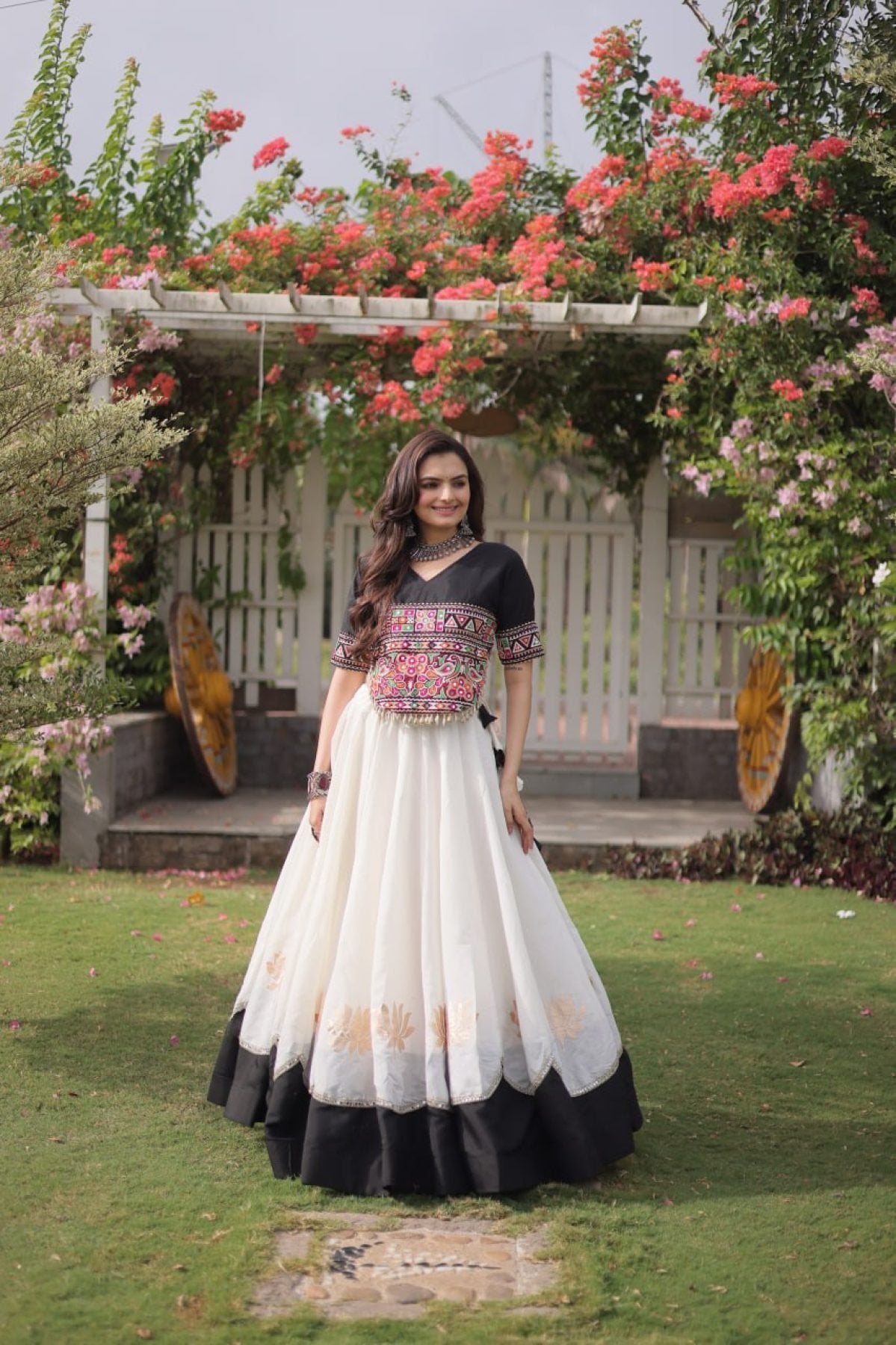 Roman Fabric Navratri Lehenga Choli with Kutchi Gamthi Embroidery Work colour variant view