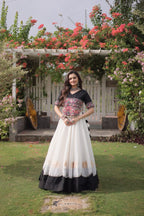 Roman Fabric Navratri Lehenga Choli with Kutchi Gamthi Embroidery Work front view