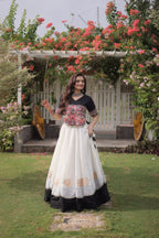 Roman Fabric Navratri Lehenga Choli with Kutchi Gamthi Embroidery Work full drape view