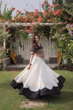 Roman Fabric Navratri Lehenga Choli with Kutchi Gamthi Embroidery Work blouse and dupatta detail