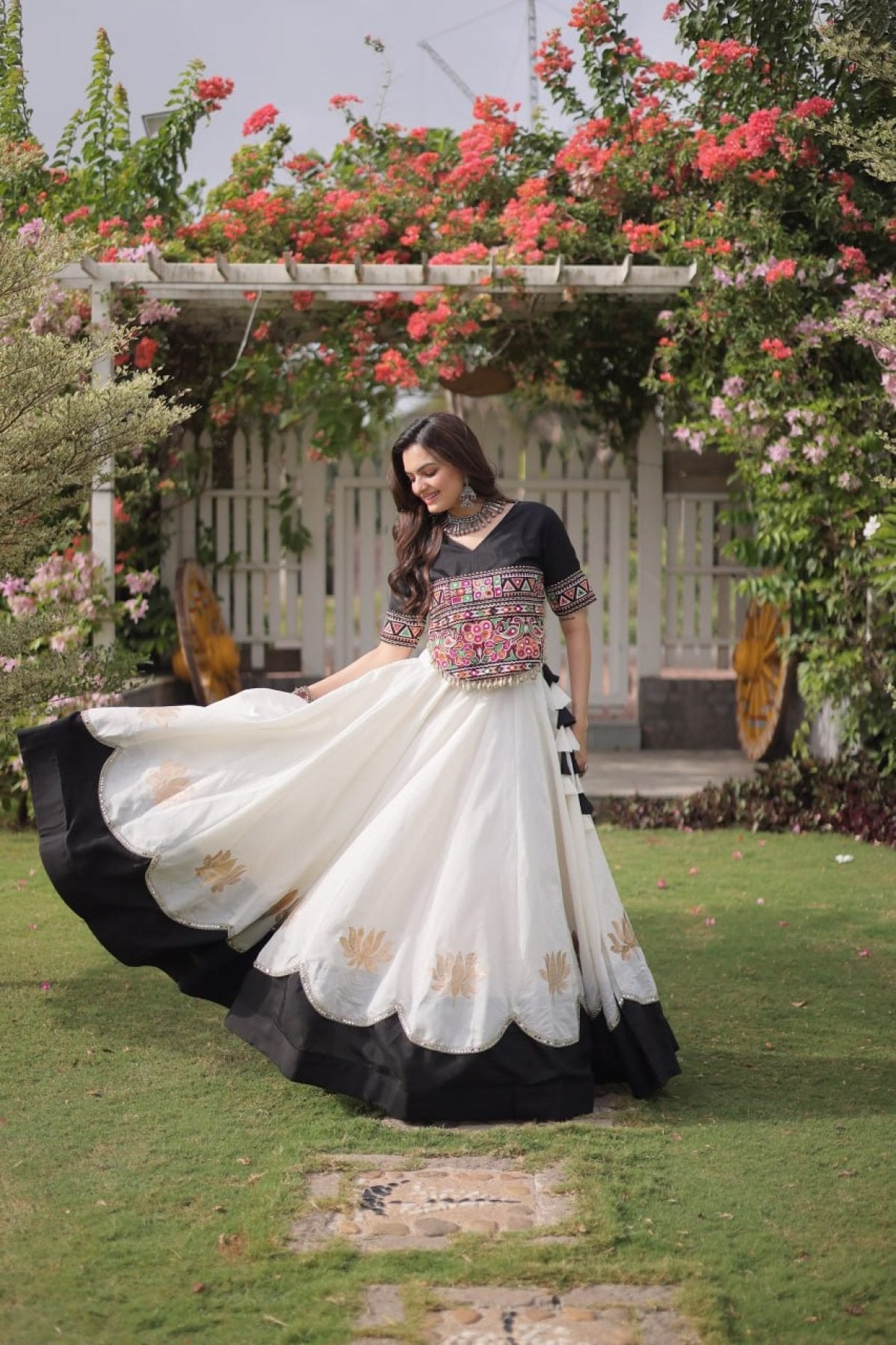 Roman Fabric Navratri Lehenga Choli with Kutchi Gamthi Embroidery Work detailed view