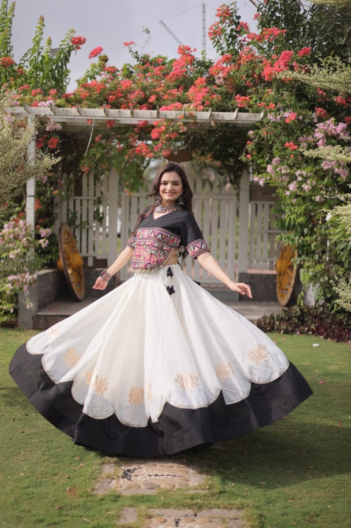 Roman Fabric Navratri Lehenga Choli with Kutchi Gamthi Embroidery Work back view