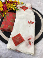 White Cotton Saree - Bandhani embroidery work detail