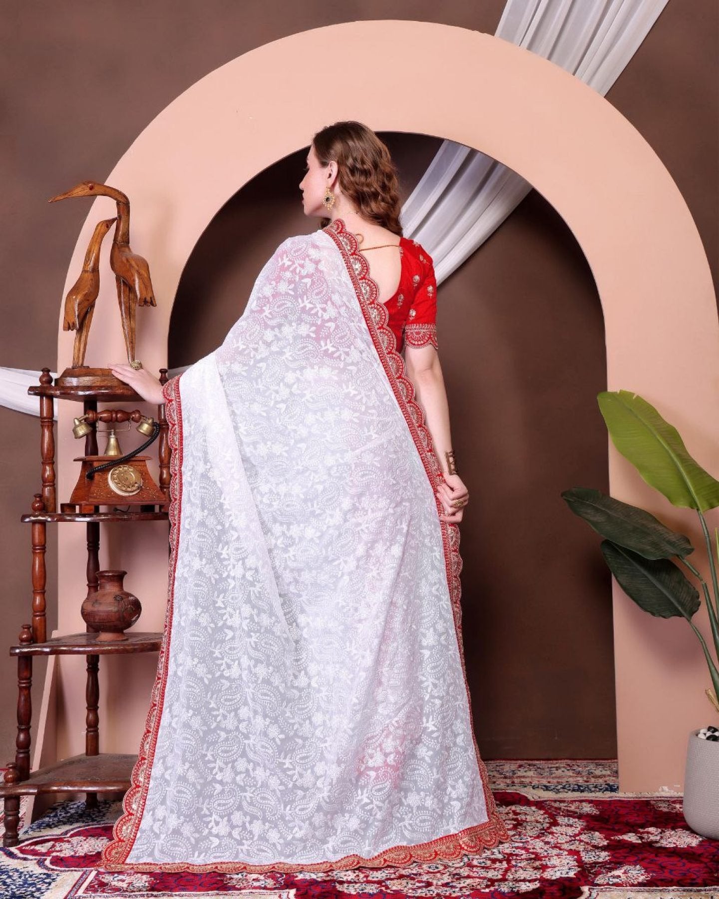 White Georgette Saree - drape and pallu detail