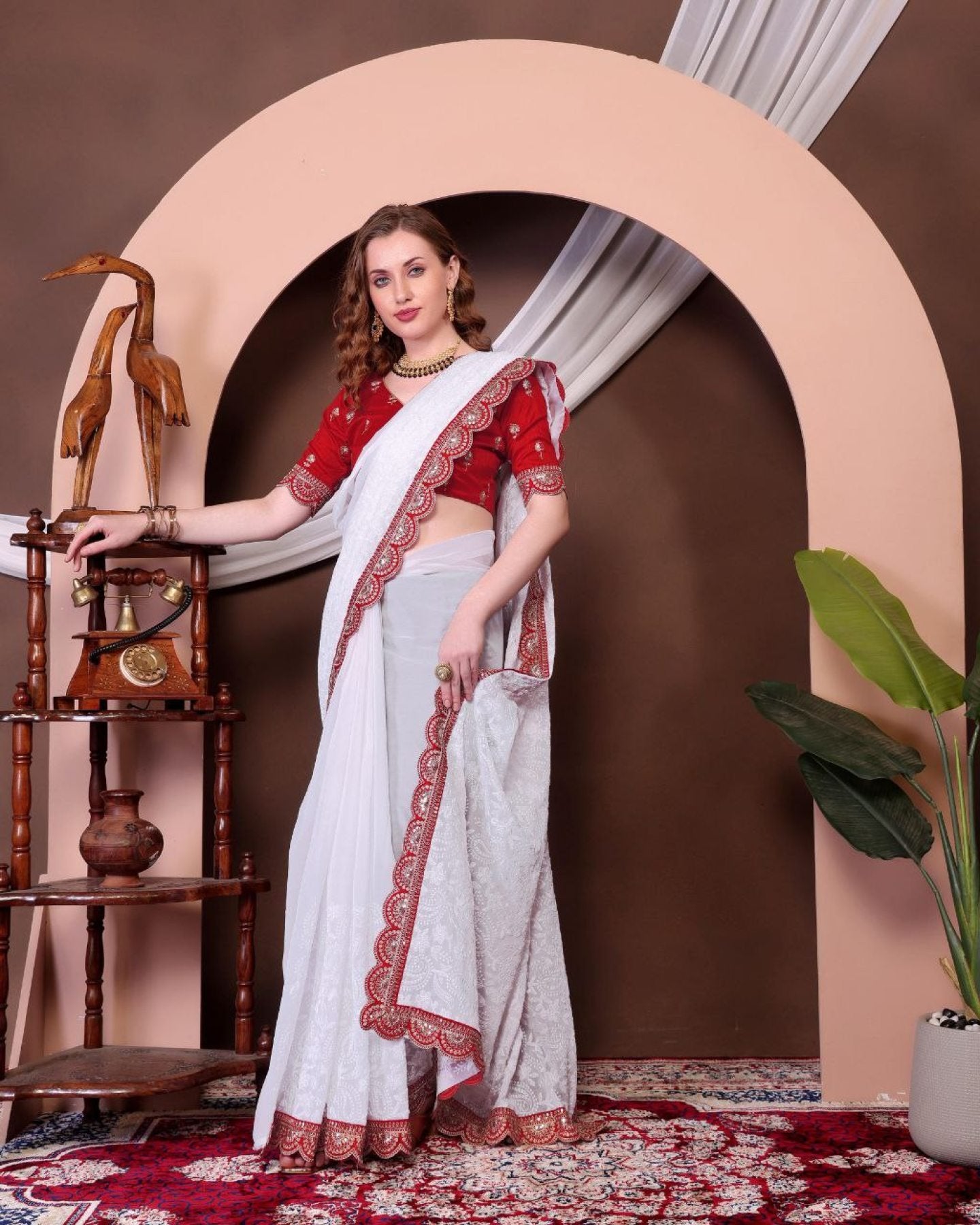 White Georgette Saree - side drape view