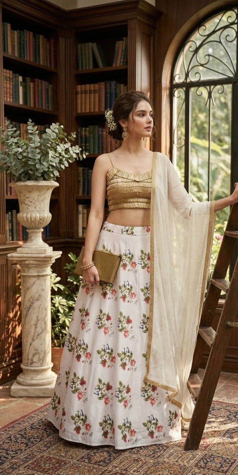 White Floral Digital Print Tapeta Silk Lehenga Choli with Georgette Dupatta full drape view