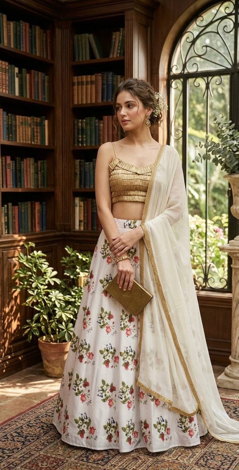 White Floral Digital Print Tapeta Silk Lehenga Choli with Georgette Dupatta blouse and dupatta detail