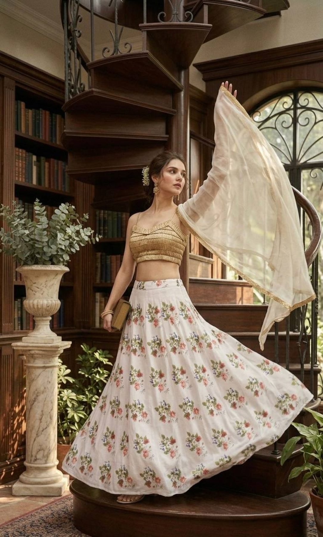 White Floral Digital Print Tapeta Silk Lehenga Choli with Georgette Dupatta embroidery close-up