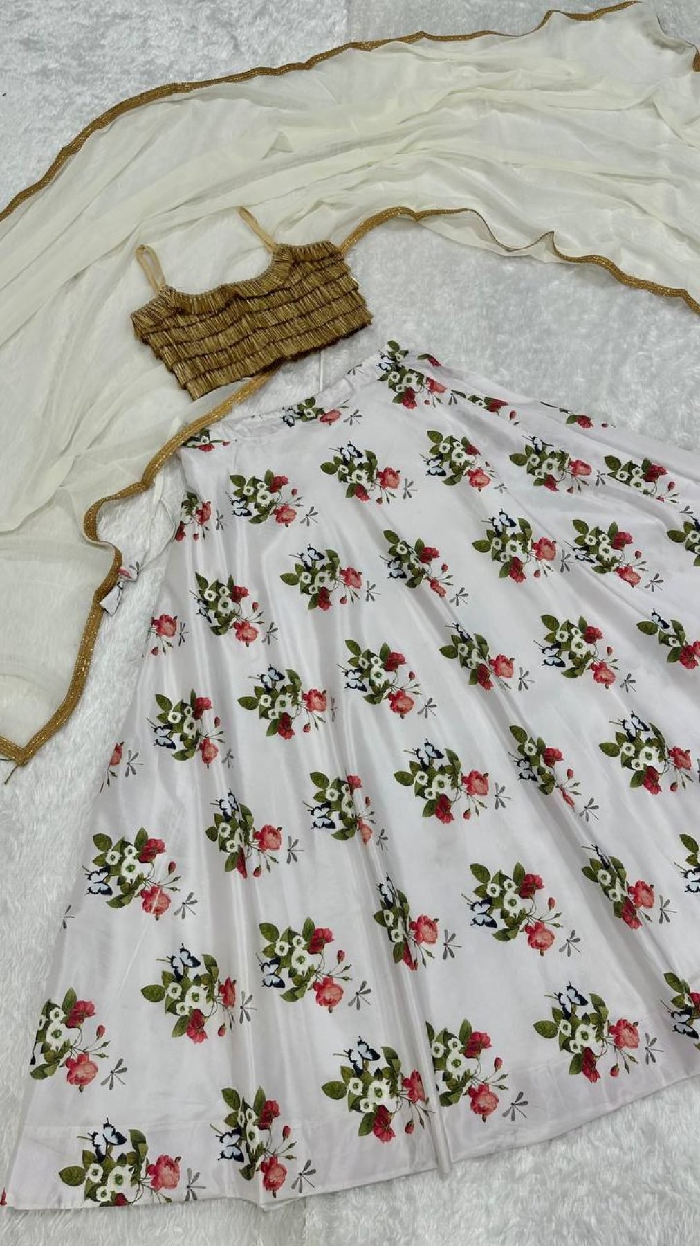 White Floral Digital Print Tapeta Silk Lehenga Choli with Georgette Dupatta back view