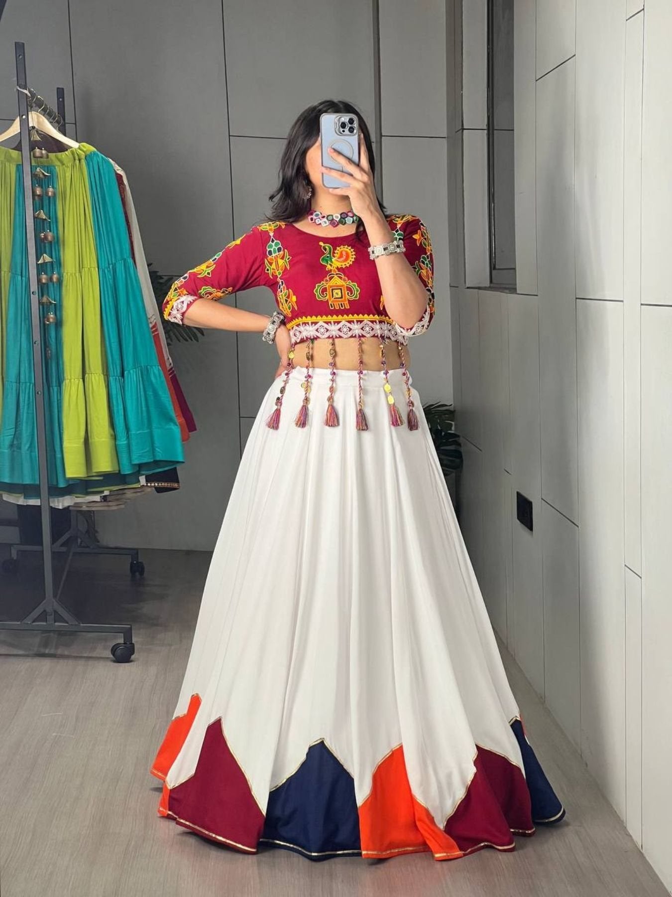 Multi Color Pure Rayon Cotton Lehenga Choli with Traditional Dori Latkan Bl for women | Snyvia