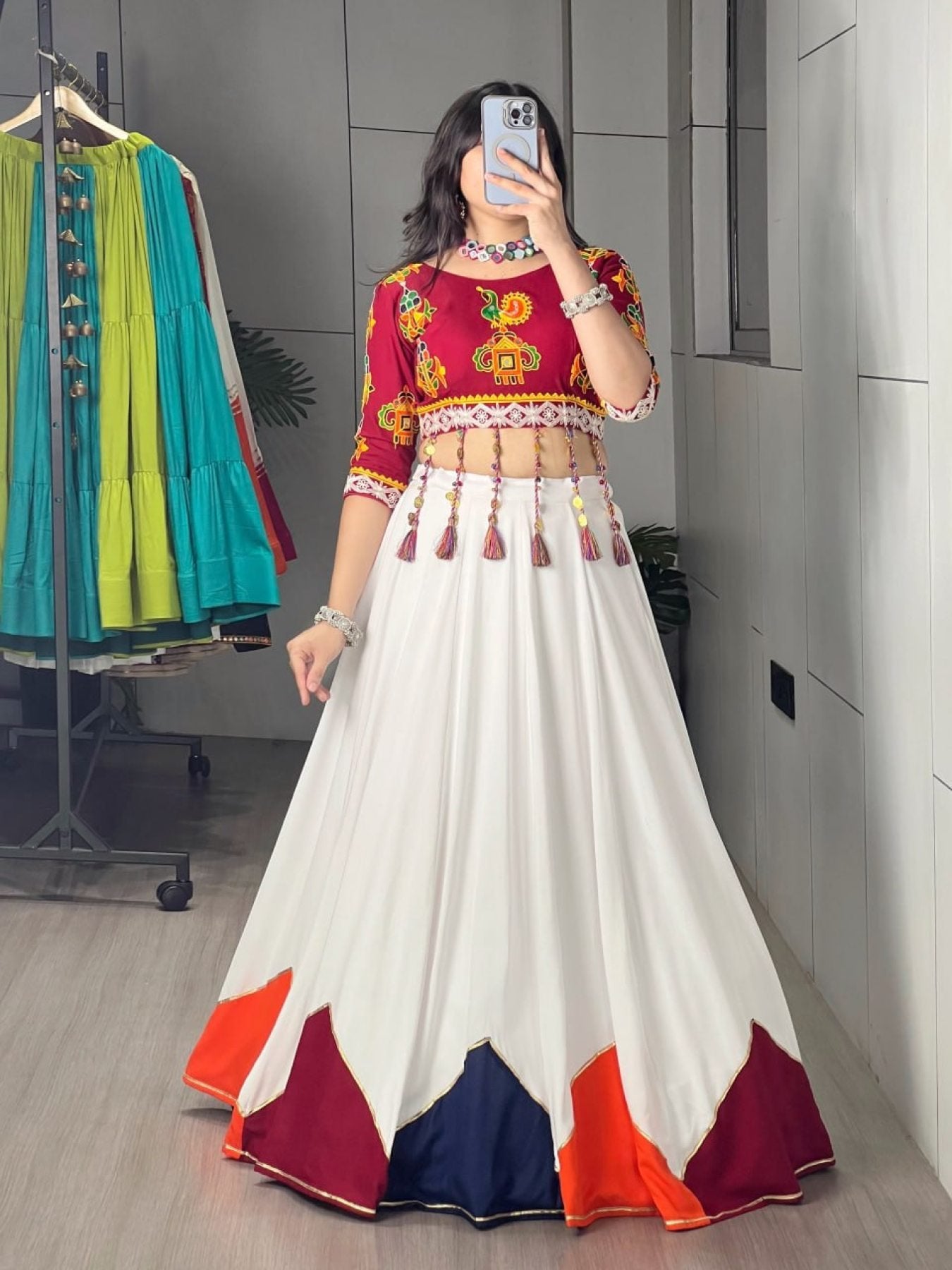 White Multi Color Pure Rayon Cotton Lehenga Choli with Traditional Dori Latkan Bl full drape view