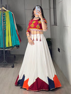 White Multi Color Pure Rayon Cotton Lehenga Choli with Traditional Dori Latkan Bl blouse and dupatta detail