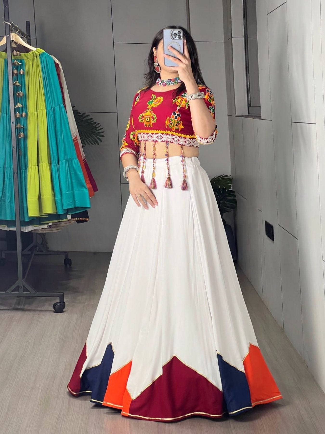 White Multi Color Pure Rayon Cotton Lehenga Choli with Traditional Dori Latkan Bl blouse and dupatta detail