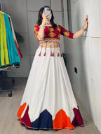 White Multi Color Pure Rayon Cotton Lehenga Choli with Traditional Dori Latkan Bl embroidery close-up