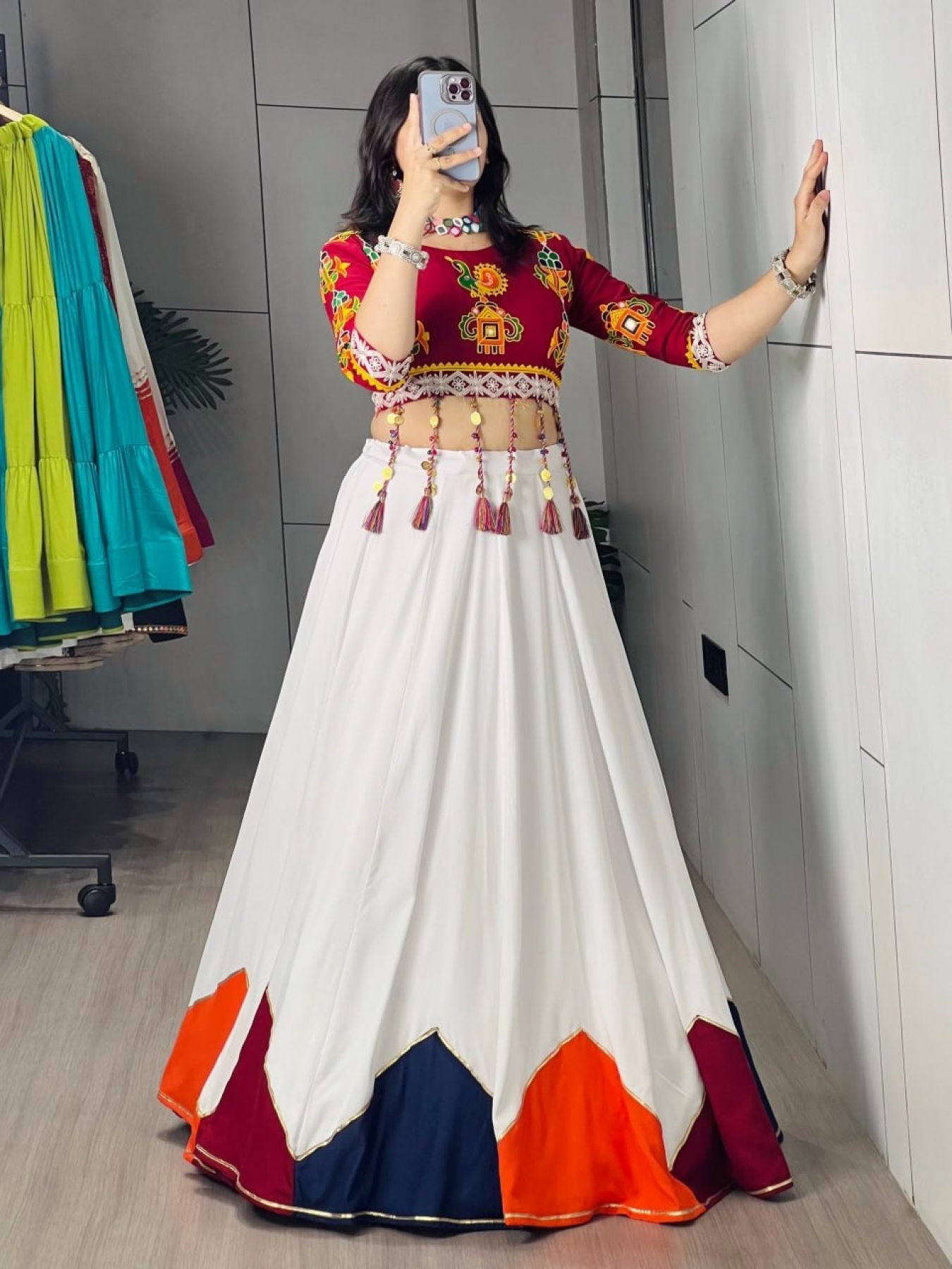 White Multi Color Pure Rayon Cotton Lehenga Choli with Traditional Dori Latkan Bl embroidery close-up