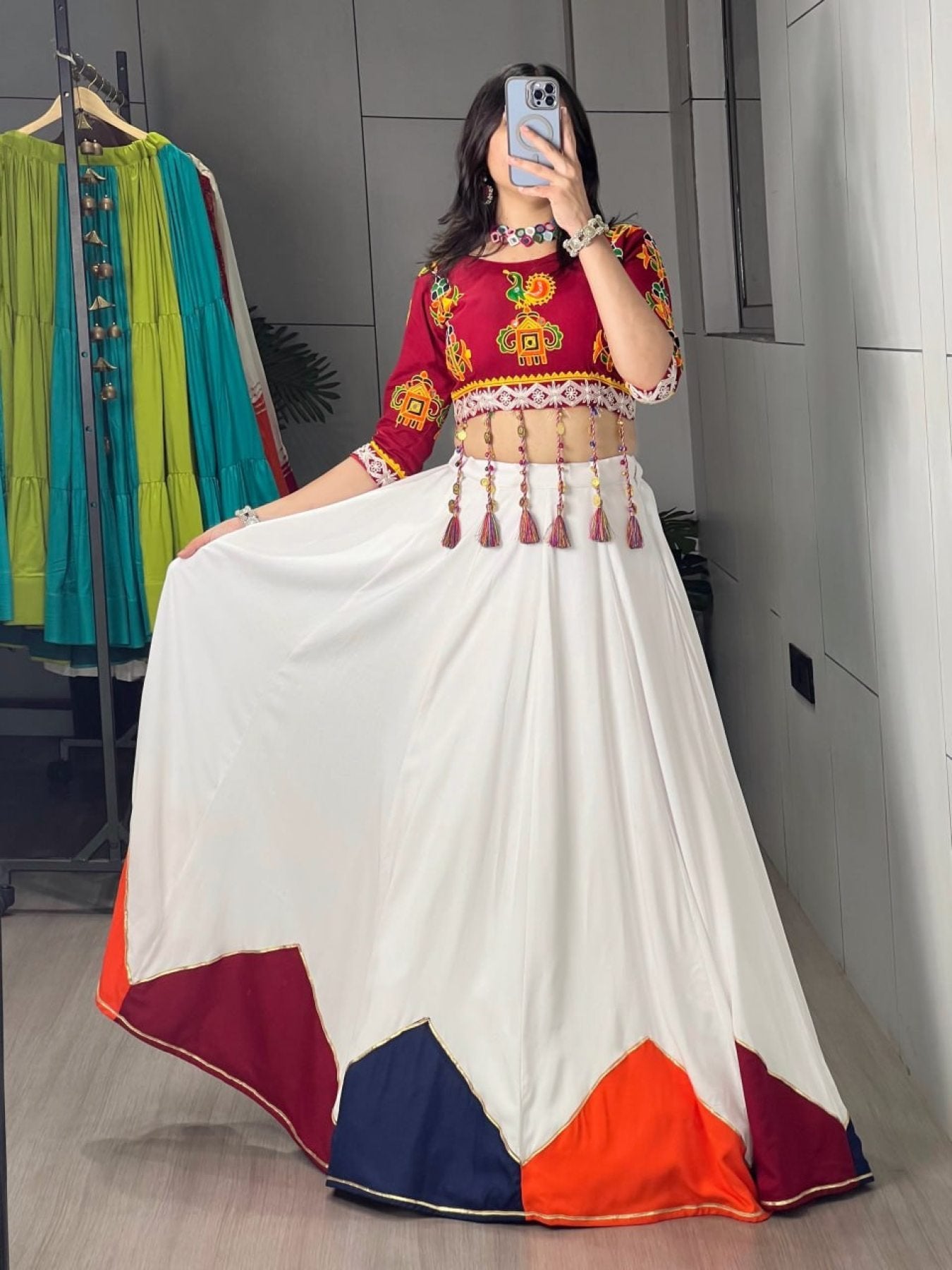 White Multi Color Pure Rayon Cotton Lehenga Choli with Traditional Dori Latkan Bl fabric texture detail