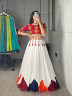 White Multi Color Pure Rayon Cotton Lehenga Choli with Traditional Dori Latkan Bl back view