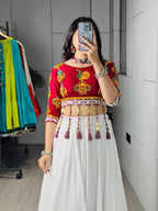 White Multi Color Pure Rayon Cotton Lehenga Choli with Traditional Dori Latkan Bl styling view