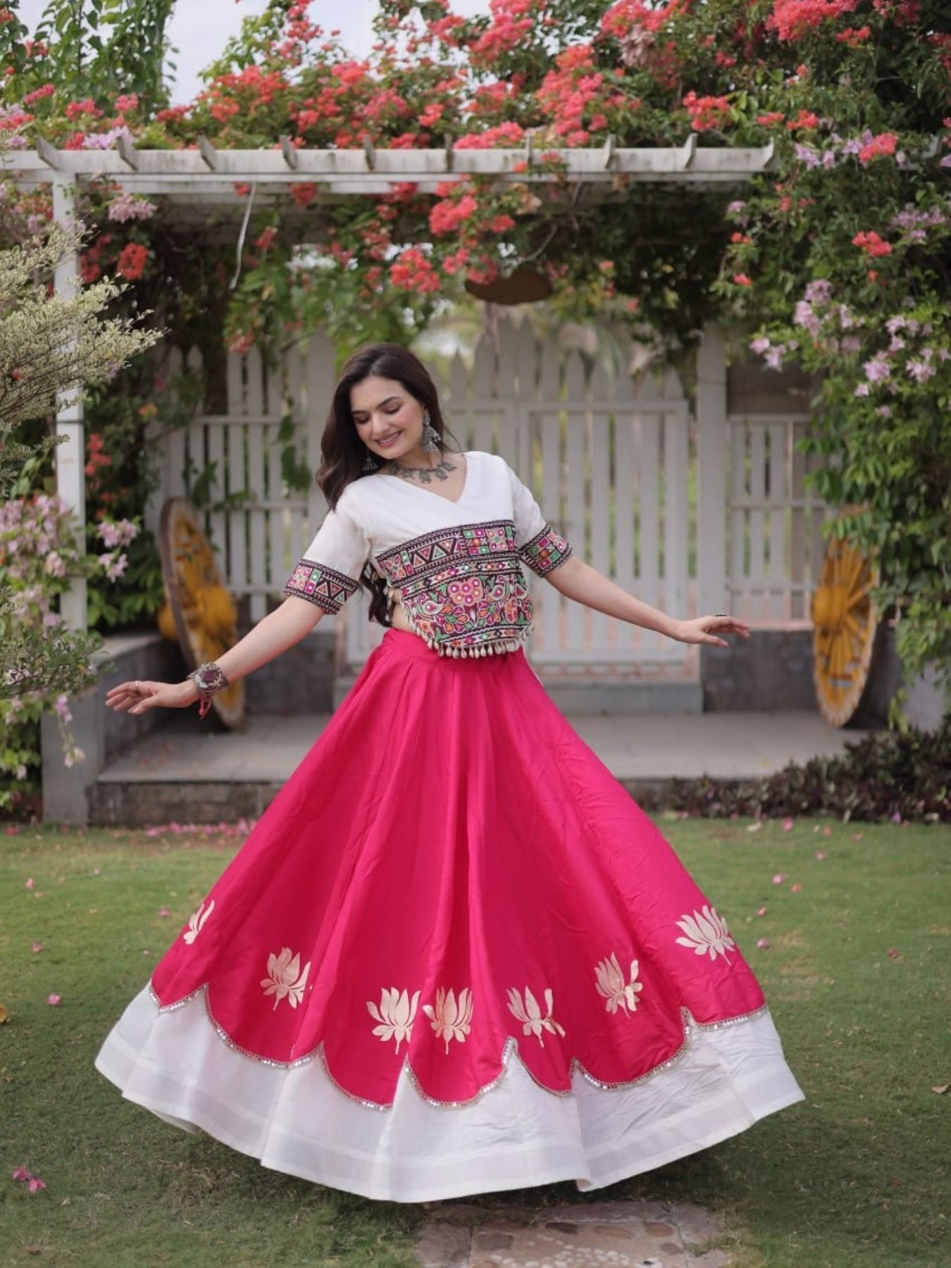 Roman Fabric Navratri Lehenga Choli with Kutchi Gamthi Embroidery Work colour variant view