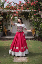 Roman Fabric Navratri Lehenga Choli with Kutchi Gamthi Embroidery Work front view