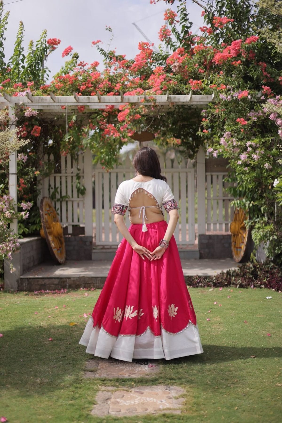 Roman Fabric Navratri Lehenga Choli with Kutchi Gamthi Embroidery Work blouse and dupatta detail