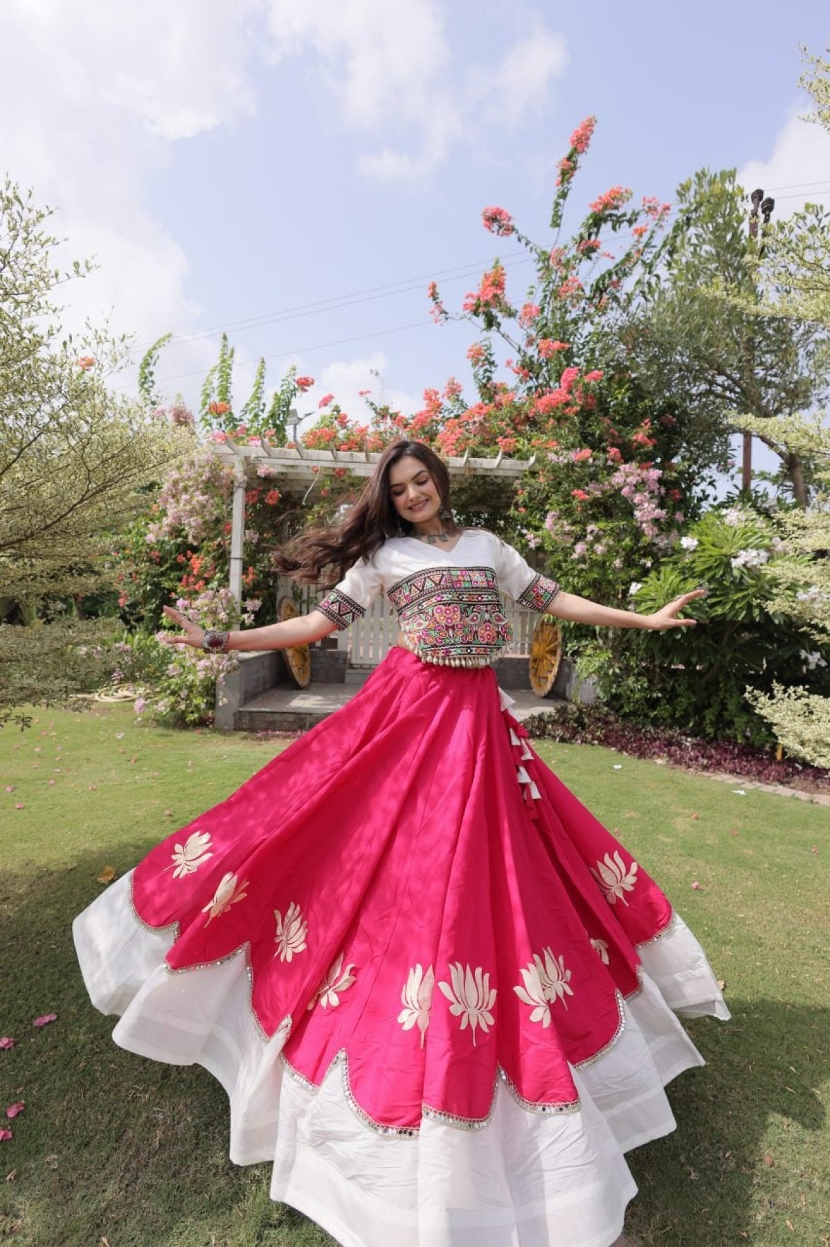 Roman Fabric Navratri Lehenga Choli with Kutchi Gamthi Embroidery Work detailed view