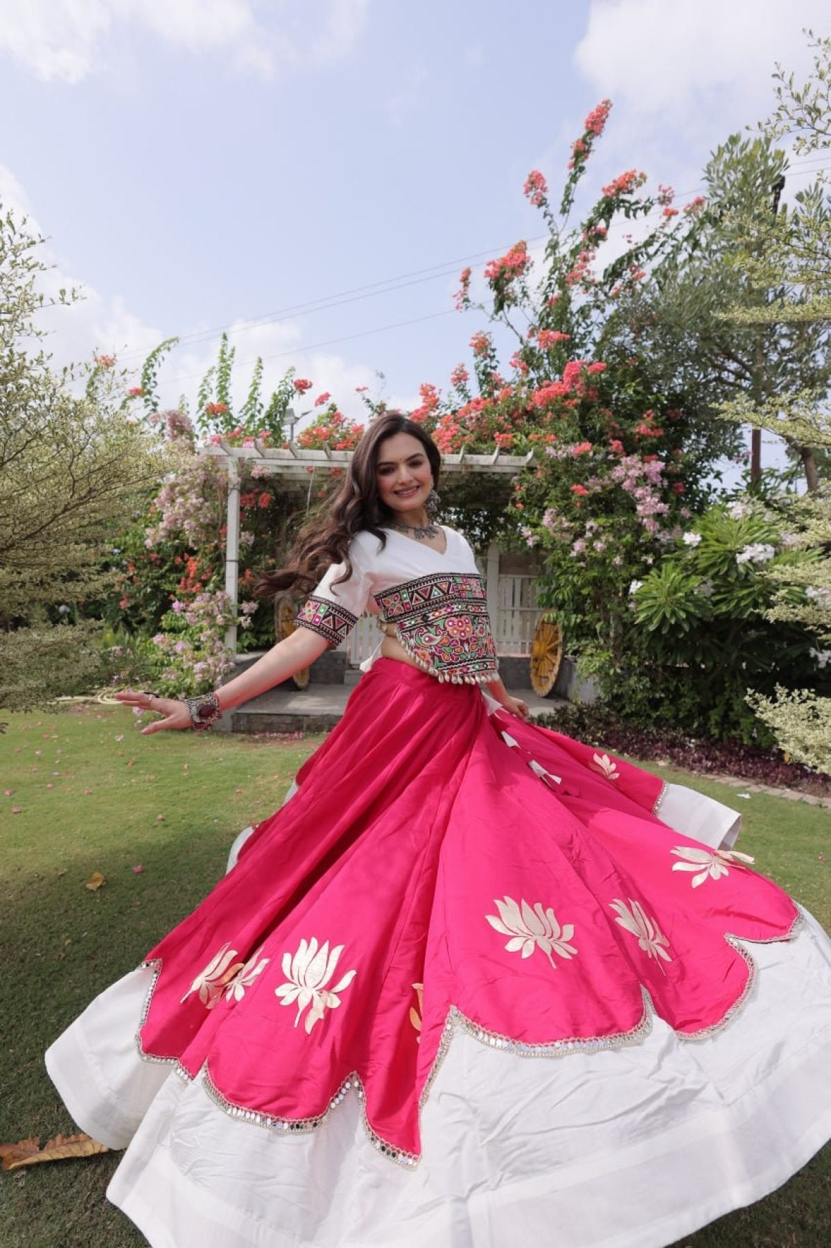 Roman Fabric Navratri Lehenga Choli with Kutchi Gamthi Embroidery Work back view
